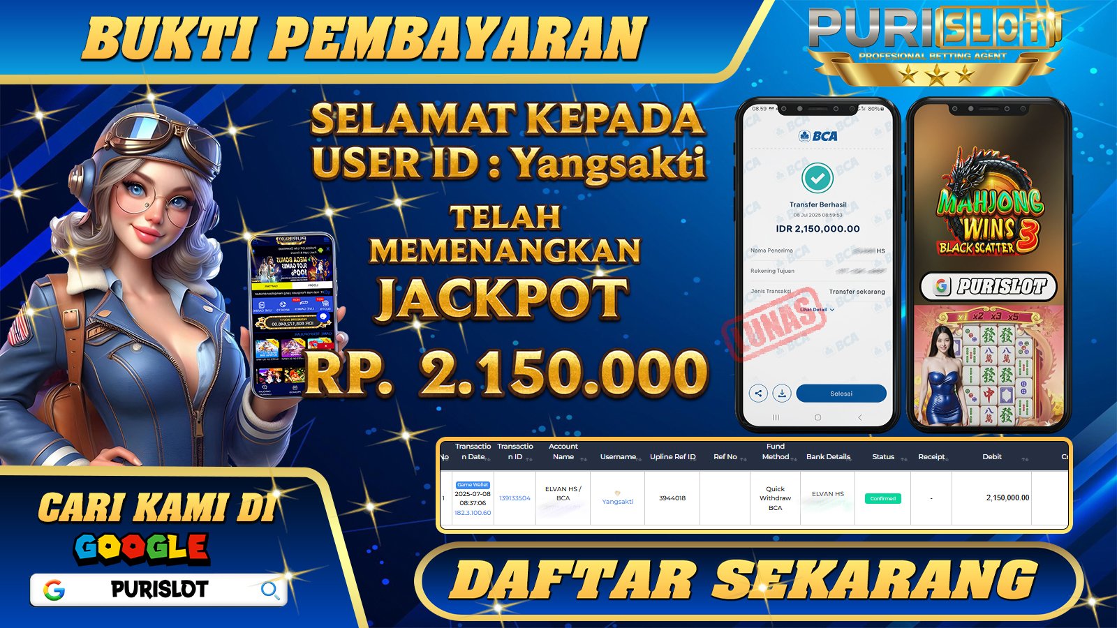 PURISLOT - KEMENANGAN MEMBER GAMES SLOT MAHJONG WINS 3 BLACK SCATTER PRAGMATIC PLAY Rp. 2.150.000, - LUNAS