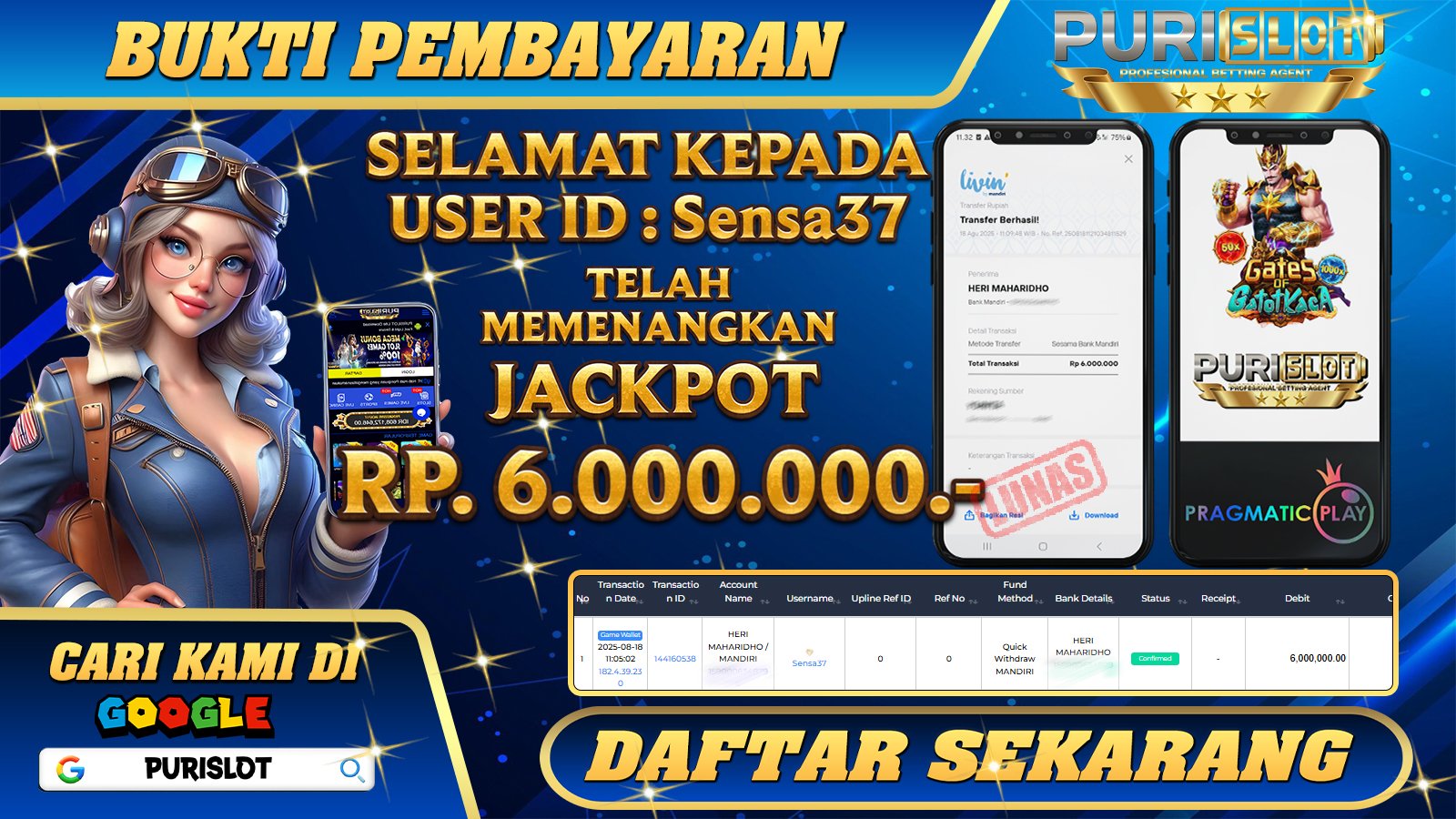 PURISLOT - KEMENANGAN MEMBER GAMES SLOT GATES OF GATOTKACA PRAGMATIC PLAY Rp. 6.000.000,- LUNAS