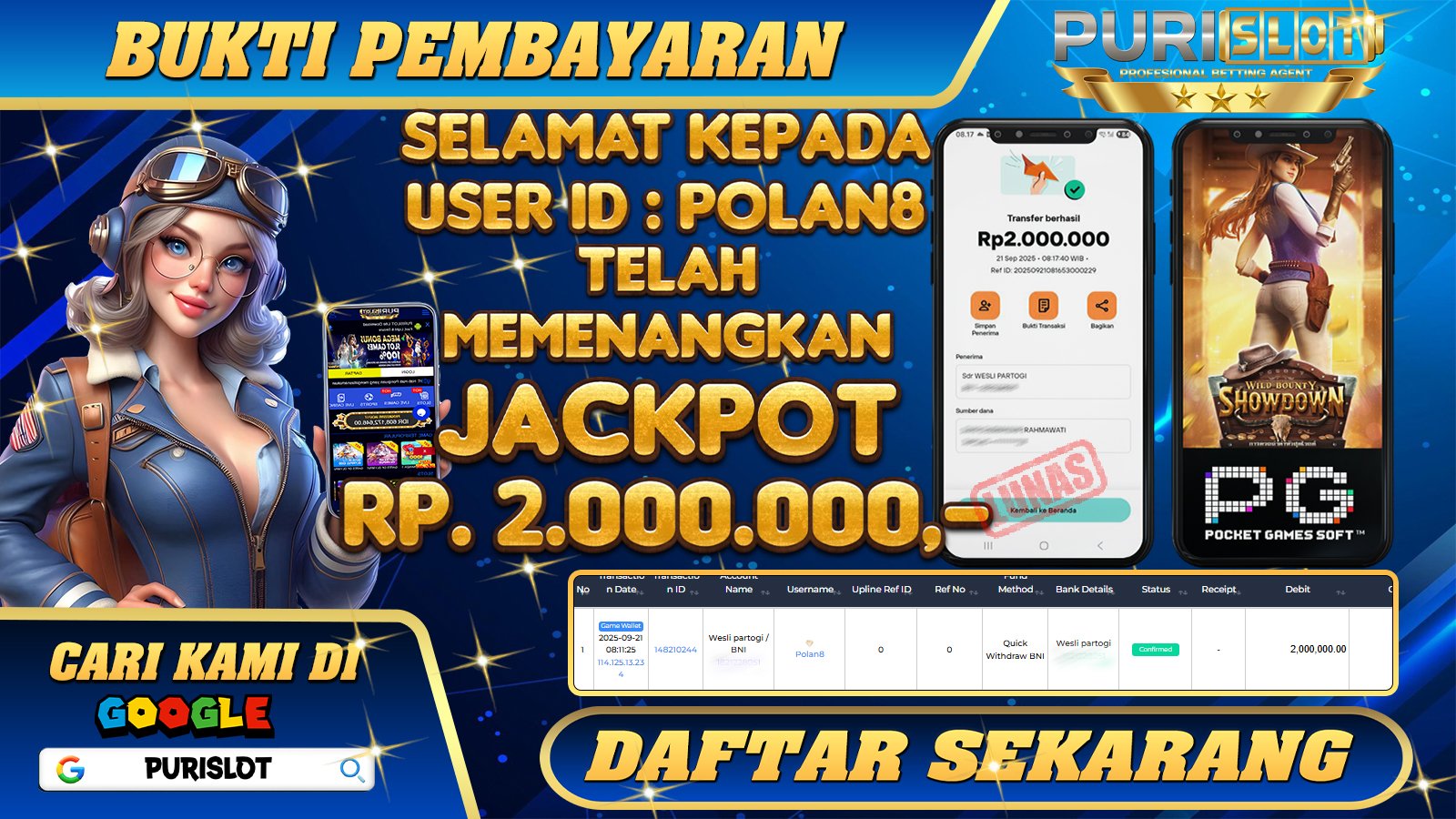 PURISLOT - KEMENANGAN MEMBER GAMES SLOT WILD BOUNTY SHOWDOWN PG SOFT Rp. 2.000.000,- LUNAS