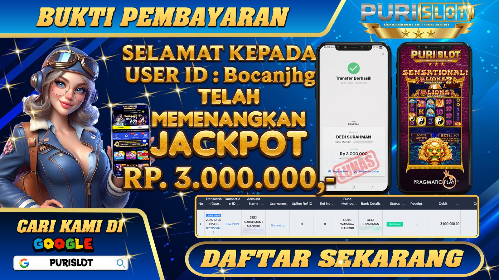 PURISLOT - KEMENANGAN MEMBER GAMES SLOT 5 LION GOLD PRAGAMTIC PLAY Rp. 3,000,000,- LUNAS