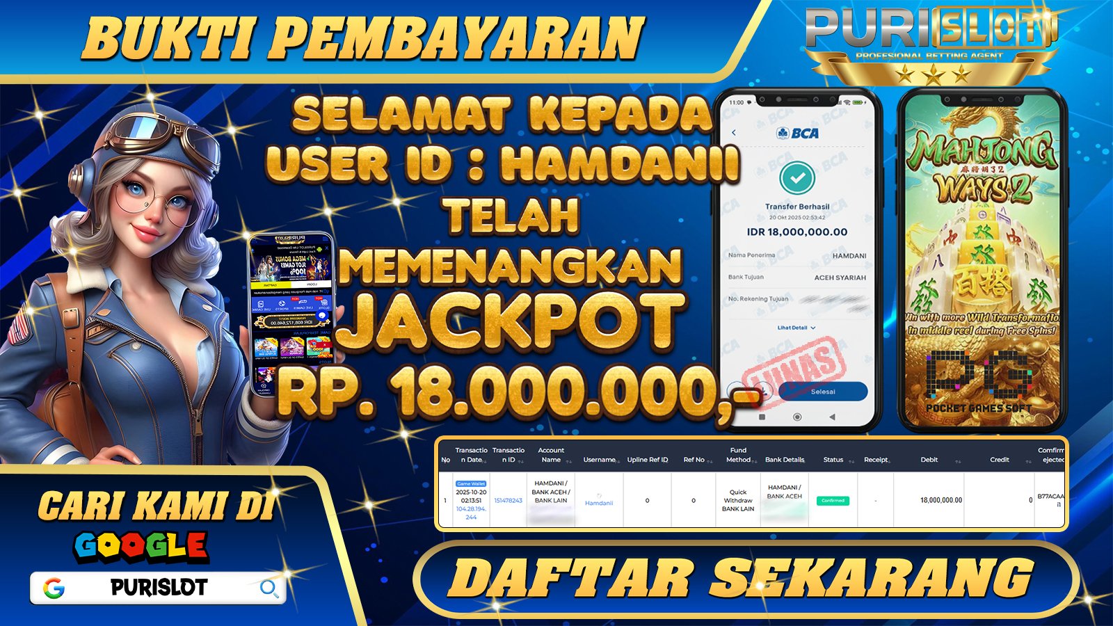 PURISLOT - KEMENANGAN MEMBER GAMES SLOT MAHJONG WAYS 2 PGSOFT Rp. 18.000.000,- LUNAS