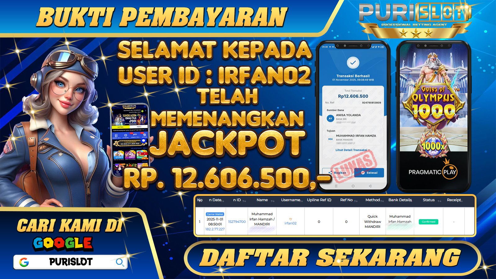 PURISLOT - KEMENANGAN MEMBER GAMES SLOT GATES OF OLYMPUS X1000 PRAGMATIC PLAY Rp. 12.606.500,- LUNAS