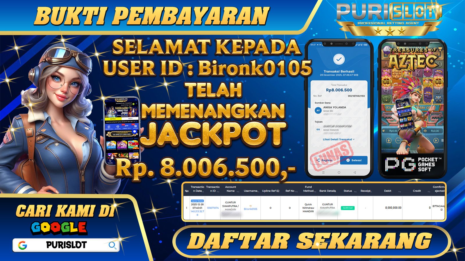 PURISLOT - KEMENANGAN MEMBER GAMES SLOT TREASURE OF AZTEC PGSOFT Rp. 8.006.500,- LUNAS