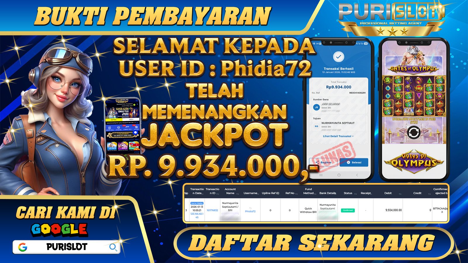 PURISLOT - KEMENANGAN MEMBER GAMES SLOT GATES OF OLYMPUS PRAGMATIC PLAY Rp. 9.934.000,- LUNAS