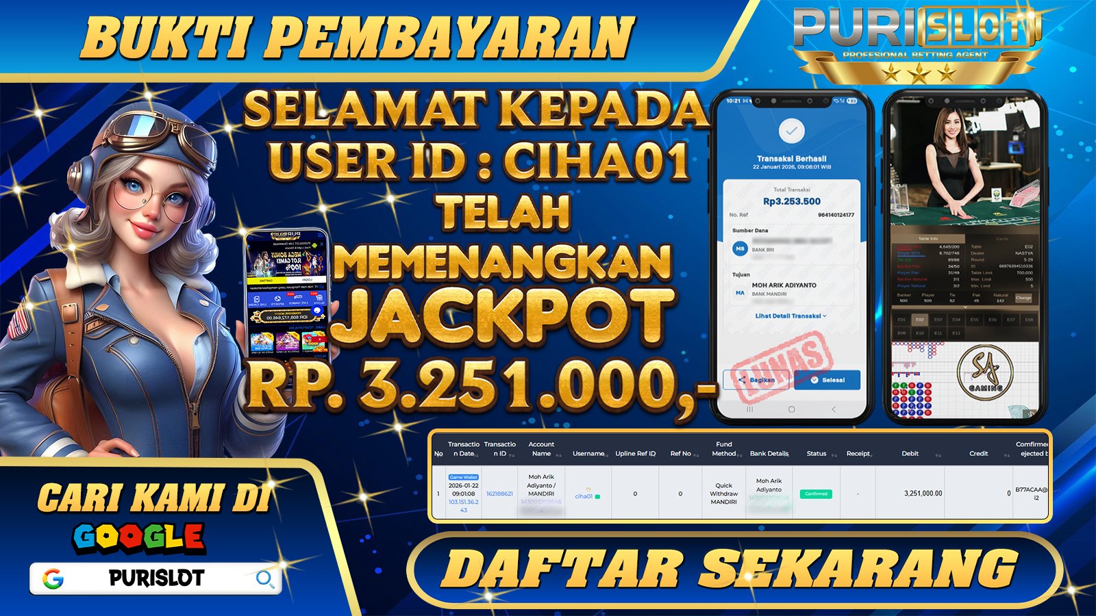 PURISLOT - KEMENANGAN MEMBER GAMES CASINO BACCARAT SA GAMING Rp. 3.251.000,- LUNAS